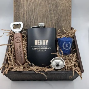 Groomsmen gift box with engraved bottle opener, flask, and shot glass.