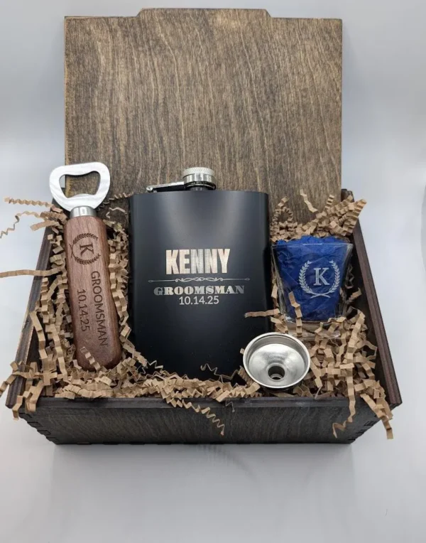 Groomsmen gift box with engraved bottle opener, flask, and shot glass.