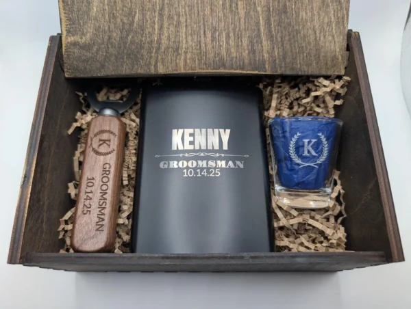 Groomsmen/Best man gift box including engraved bottle opener, flask, and shot glass.