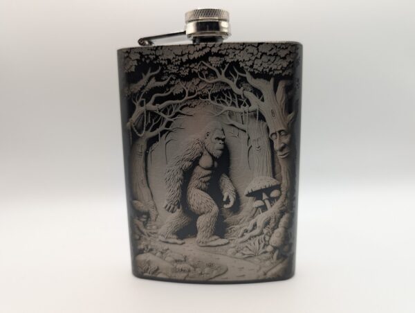 Sasquatch themned flask. Bigfoot walking through the woods